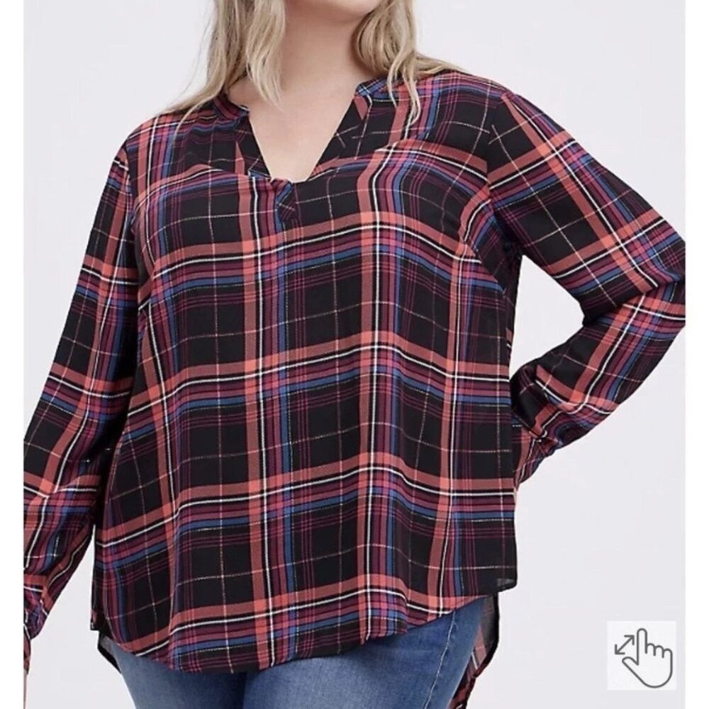 Torrid Pink Black Plaid‎ Georgette Hi Low Pullover Long Sleeve Blouse Sz 00 (L)